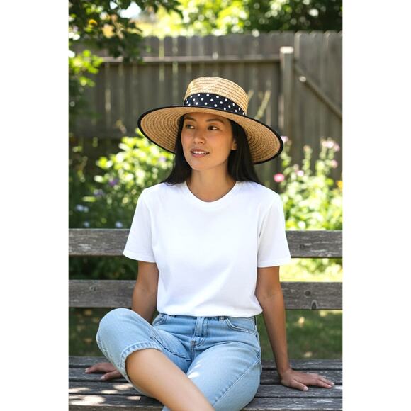 Vintage Eric Javits Straw Boater Hat for Bonwit Teller New York Polka Dot Ribbon - Picture 2 of 6